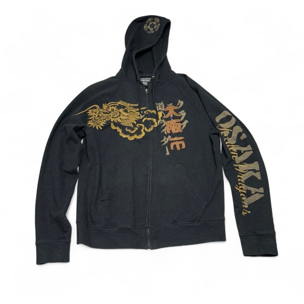 Lucky Brand Mens Osaka Dragons Embroidered Zip Hoodie Black Kanji Small